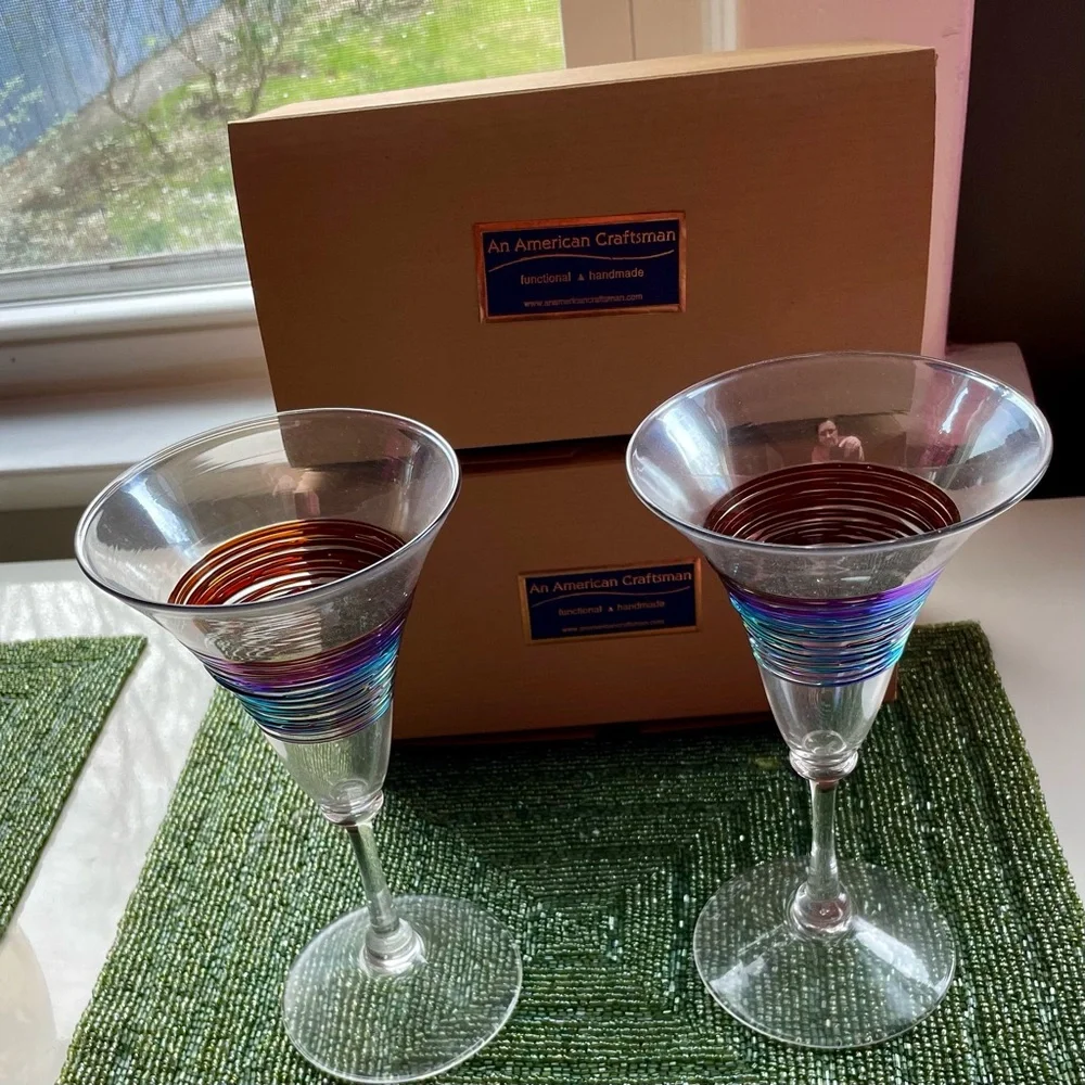 Venetian Wine Glass, Rainbow spun by An American Craftsman, MINH -Set of 2 NIB